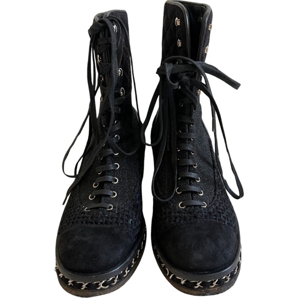 Chanel black wool tweed combat boots chain detail with certificate of authentic - Picture 5 of 16